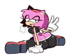 1girls amy_rose ass big_ass boots breasts butt_crack eks-out female female_only furry gloves green_eyes peace_sign pink_skin sega sideboob simple_background sitting solo solo_female sonic_(series) sonic_the_hedgehog_(series) sports_bra sweat sweaty tail tired white_background