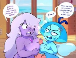 2023 2girls 2girls1boy amethyst_(steven_universe) aquamarine_(steven_universe) big_breasts black_eyes blue_body blue_hair blue_skin breasts breasts_pressed_together cartoon_network double_paizuri female female_focus gametimeasia gem_(species) long_hair long_penis male nipples paizuri penis purple_body purple_hair purple_skin short_hair steven_universe text text_bubble