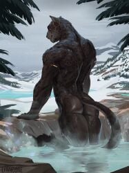 anthro ass back_muscles black_body black_fur detailed_background felid fingers fur genitals gold_(metal) gold_jewelry hi_res humanoid_genitalia humanoid_penis jewelry lynncore male mammal markings muscular muscular_anthro muscular_male nude outside pantherine partially_submerged penis solo spots spotted_body spotted_fur tail tiger yellow_eyes