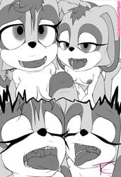 1boy 2girls animal_humanoid breasts comic cream_the_rabbit doujinshi first_person_view furry giver_pov human humanoid interspecies lagomorph male_pov mammal monochrome patreon penis pov rabbit rabbit_humanoid smile sonic_(series) tc text url vanilla_the_rabbit