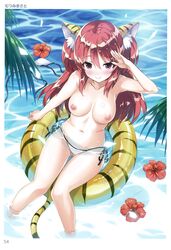 absurdres animal_ears arm_up ass_visible_through_thighs bikini bikini_top_removed blush breasts female flipped_hair flower hibiscus highres innertube large_breasts looking_at_viewer mutsumi_masato navel nipples outdoors partially_submerged red_eyes red_hair side-tie_bikini smile solo swimsuit tail tiger_ears tiger_tail topless toranoana two_side_up white_bikini