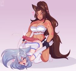 1boy 1futa bent_over blue_hair breast_expansion brown_hair canine_penis clothed clothing commission commissioner_upload cum_in_hair cum_on_hair dark-skinned_futanari dark_skin dick_on_ass duo facial_markings feminization flower_tattoo fox_ears fox_girl fox_tail futa_on_male futanari hellobirde heterochromia huge_cock human kneeling kuromaru_(original_character) light-skinned_male light_skin long_hair male mostly_clothed muscular_futanari original qathrin_tia tongue tongue_out wolf_ears wolf_tail