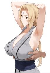 1girls ai_generated armpits arms_behind_head arms_up assisted_exposure big_breasts blonde_hair breast_focus breast_hold breast_worship breasts brown_eyes disembodied_hand female female_focus fondling fondling_breast grope groping_breasts holding_breast huge_breasts kimono ktm large_breasts long_hair mature mature_female mature_woman milf naruto naruto_(series) naruto_shippuden oppai plain_background presenting presenting_breasts sagging_breasts simple_background sleeveless sleeveless_kimono solo solo_focus tsunade upper_body voluptuous voluptuous_female white_background