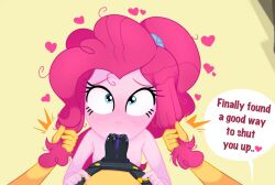 2023 2girls blue_eyes blush breasts english_text equestria_girls fellatio female female_only female_pov friendship_is_magic gametimeasia hair_pull hasbro heart hearts_around_head long_hair my_little_pony nipples orange_body orange_skin pink_body pink_hair pink_skin pinkie_pie_(mlp) pov sex_toy strap-on sunset_shimmer text text_bubble tied_hair yellow_background yuri