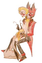alastor_(hazbin_hotel) avsdrawing bite_mark blood blowjob hazbin_hotel lucifer_morningstar_(hazbin_hotel) oc original_character sucking threesome
