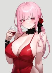 1girls bare_shoulders bluefield blush breasts cleavage hololive hololive_english hololive_myth large_breasts long_hair mori_calliope pink_eyes pink_hair solo virtual_youtuber wine wine_glass