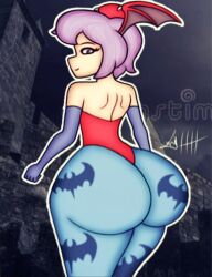 1girls angelindieart14 ass back_view darkstalkers dat_ass female female_focus female_only head_wings huge_ass lilith_aensland looking_back massive_ass purple_hair smile smiling succubus tagme