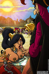 2017 2d 2d_(artwork) aladdin alx_(fuckit) arabian_clothes audience being_watched black_hair bondage breasts_on_tray breasts_out chained collar dark-skinned_female dark-skinned_male dark_skin day digital_media_(artwork) disney disney_princess disney_villains ear_piercing earrings enslaved_royal fellatio gold_(metal) handcuffs harem_outfit humiliation hypnosis jafar licking_penis linked_nipples male_focus mind_control nipple_chain nipple_rings nipples oral penis piercing princess princess_jasmine public public_exposure public_humiliation serving_tray sex sex_slave slave slavegirl sun throat tongue_out watching