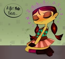 1girls clothed clothing english_text female gloves human kneeling lili_zanotto offscreen_character ota_(artist) pigtails psychonauts shortstack sitting skirt solo speech_bubble tan-skinned_female tan_skin text