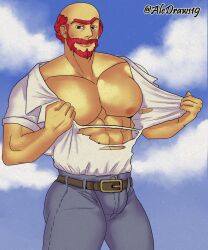 1boy 20th_century_fox abs aledraws19 belt bulge cloud flaccid groundskeeper_willie huge_pecs jeans looking_at_viewer male_only muscular_male outside pants pecs red_hair redhead ripped_clothing sky solo solo_male standing staring_at_viewer tearing_open_top the_simpsons three-quarter_portrait torn_clothes yellow_skin