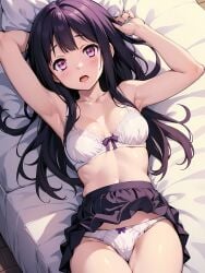 ai_generated black_hair bra chitanda_eru hyouka kslgsnb long_hair medium_breasts on_bed panties purple_hair underwear yodayo