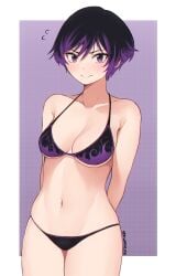 1girls 2d big_breasts black_and_purple_hair blush female female_only fully_clothed kuronami616 light-skinned_female light_skin namco navel pale-skinned_female pale_skin reina_mishima smile solo tekken tekken_8 underwear watermark