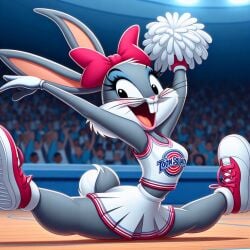 1girls after_transformation ai_generated anthro blush bugs_bunny cheerilee cheerleader cheerleader_uniform female feminization genderswap_(mtf) grey_fur lagomorph looney_tunes mtf_transformation rabbit rule_63 smile space_jam splits warner_brothers