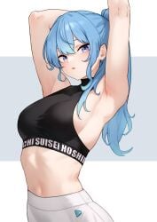 1girls armpits arms belly belly_button blue_eyes blue_hair bluefield blush breasts clothed clothing covered_breasts digital_drawing_(artwork) female female_focus female_only fully_clothed hair hands_behind_head hips hololive hololive_gen_0 hololive_japan hoshimachi_suisei image light_skin looking_at_viewer medium_hair navel open_eyes small_breasts solo standing star_in_eye stomach stretching thighs thin_waist virtual_youtuber waist