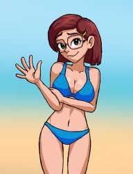 1girls alternate_version_available belly_button big_breasts bikini blue_bikini breasts eyewear female female_only glasses linda_gunderson lisnovski rio_(film) rio_(series) smile solo solo_female waving waving_at_viewer