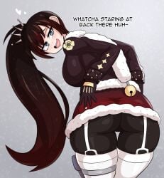 1girls alternate_hair_color alternate_hairstyle ass big_ass big_butt black_hair dialogue english english_text fully_clothed kinathefox large_ass large_butt long_hair looking_at_viewer looking_back ponytail ruby_rose rwby silver_eyes skirt solo solo_female solo_focus teasing teasing_viewer text thick thick_ass thick_thighs thighs tights