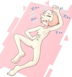 2022 armpit blonde_hair blue_nipples blush breasts cartoon_network closed_eyes feet female female_focus female_only gametimeasia gem_(species) laying_down laying_on_back laying_on_ground nipples pale-skinned_female pale_skin pearl_(steven_universe) pink_background pussy short_hair sleeping steven_universe text wet_dream wet_pussy