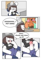 anthro beanie black_clothing black_shirt black_topwear blue_bottomwear blue_clothing blue_shorts blush bottomwear brown_hair butt chair chinchilla chinchillid clothing comic computer dialogue electronics erection female furniture generation_4_pokemon generation_6_pokemon genitals glans grey_beanie grey_clothing grey_hat grey_headwear hair hat headgear headwear hi_res lopunny male mammal mega_evolution mega_lopunny monitor nintendo office_chair penis pokemon pokemon_(species) rodent shirt short_tail shorts sitting solo speech_bubble tail text tony_(tonytoran) tonytoran topwear vulva