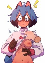 2024 black_hair blue_hair blush brand_new_animal breasts female female_focus female_only furry michiru_kagemori nipples short_hair studio_trigger sweater sweater_lift tanquito tanuki tanuki_girl white_background