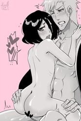 1boy ass ass_grab bleach clenched_teeth dangerousbride female heart ichigo_kurosaki karoll_ann kuchiki_rukia leg_grab wink