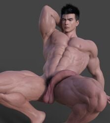 1boy 1human 1male 3d 3d_(artwork) 3d_model asian bara bara_tiddies bara_tits black_hair brown_eyes flaccid flaccid_cock flaccid_penis gray_background horny horny_male hung light-skinned_male light_skin male male_focus male_only masculine naked naked_male nude nude_male oc original original_character pubic_hair qzla4 solo solo_focus solo_male