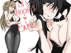 2girls artist_name belly_button big_breasts black_hair blonde_hair bunny_ear bunny_suit collar embarrassed heart-shaped_pupils nochi peroxide roblox roblox_game smug source_request tagme thick_thighs