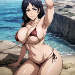 1girls 1milf ai_generated arm_up armpit armpits attack_on_titan barely_contained belly_button big_breasts bikini black_hair breasts carla_jaeger collarbone dark_hair female female_only front_view hair_on_shoulder hourglass_figure light-skinned_female light_skin long_hair mature mature_woman midriff milf navel outdoors red_bikini sea shingeki_no_kyojin shiny_body shiny_breasts side_ponytail sitting small_bikini smile solo solo_female string_bikini thick_female thick_thighs tight_bikini voluptuous