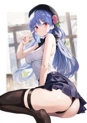 1girls accidental_exposure blue_hair bubble_ass bubble_butt headwear legwear light-skinned_female light_skin looking_at_viewer medium_breasts miniskirt peace_sign peach_(fruit) red_eyes skirt tenshi_hinanawi touhou