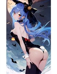 1girls ai_generated blue_hair bunny_costume bunny_ears bunny_tail bunnysuit female female_focus female_only halloween halloween_costume headwear legwear light-skinned_female light_skin red_eyes stockings tenshi_hinanawi touhou