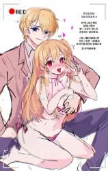 blonde_hair blue_eyes brother_and_sister clothed_male eye_markings hand_on_breast heart hoshino_aquamarine hoshino_ruby in_heat incest korean_text open_mouth oshi_no_ko pink_underwear red_eyes shaking siblings sitting_on_lap sweat text tongue tongue_out twins underwear v_sign watasi_tokimi