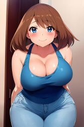 ai_generated arms_behind_back big_breasts blue_eyes blue_jeans blush brown_hair busty cleavage creatures_(company) curvy female female_only front_view game_freak hi_res highres human jeans may_(pokemon) nintendo pokemon pokemon_(game) pokemon_rse pokemon_trainer seraphim_ai smile solo stable_diffusion tanktop tight_jeans