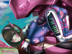 anus ass bodysuit breasts cleavage d.va female female_only looking_at_viewer looking_back meka overwatch poppytart pussy solo torn_clothes