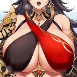 ai_generated bimbofication black_lipstick breast_focus dehya_(genshin_impact) genshin_impact huge_breasts isoai nai_diffusion nipples_visible_through_clothing revolverwingstudios_(style) solo_female steam