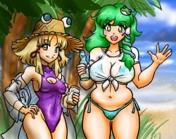 bikini cleavage female large_breasts leotard one-piece_swimsuit panties plump sanae_kochiya suwako_moriya thick_thighs touhou wide_hips