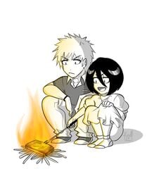 1boy bleach book campfire crouching dangerousbride female fire ichigo_kurosaki karoll_ann kuchiki_rukia