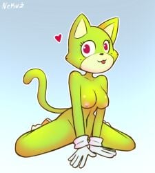 anthro breasts cat_ears cat_tail covering_crotch feline game_grumps gloves gloves_and_boots_only green_fur naked nekuzx nude nude_female plurmp_dankenstein_mcflurnten_the_cat_esquire_(game_grumps) red_eyes shoes sitting sonic_forces tagme_(character) tail tongue_out