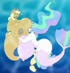 2girls anthro applejack_(mlp) areola big_breasts blonde_hair breast_play breast_sucking breasts duo equid female female/female friendship_is_magic hair half-closed_eyes hand_on_breast hasbro hi_res huge_breasts hybrid hyper hyper_breasts long_hair looking_pleasured mammal marine merfolk mrsakai multicolored_hair my_little_pony narrowed_eyes nipples open_mouth princess_celestia_(mlp) split_form sucking underwater water