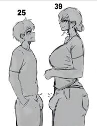 1boy 1futa 2d age_difference assertive_female assertive_futa batu4141 big_breasts blush breasts bulge bulge_through_clothing clothed clothing dominant_futa earrings edit female fully_clothed futa_bulge futa_is_bigger futa_on_male futanari glasses greyscale hair_bun hands_in_pockets imminent_sex intersex jeans licking_lips male older_female older_futa opontoooso simple_background sketch t-shirt taller_female taller_futa taller_girl third-party_edit watermark younger_male