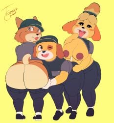 absurd_res animal_crossing anthro ass big_breasts big_butt breasts canid canine canis doge dogelore domestic_dog fast_food_employee fast_food_uniform group hi_res isabelle_(animal_crossing) mammal martha_lorraine martha_speaks mcdonald's meme nintendo shiba_inu smile smiley_face spitz thick_thighs toonarscontent trio wide_hips