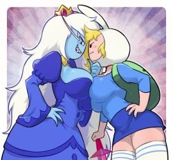 2girls adventure_time ass backpack bag big_breasts blonde_hair blue_skin breast_press centinel303 clothed clothing color female female_only fionna_the_human_girl hi_res human ice_queen_(adventure_time) large_breasts light-skinned_female light_skin long_hair looking_at_another multiple_girls pale_skin smile stockings thick_thighs weapon white_hair