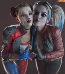 2girls 3d 3d_(artwork) alternate_version_available batman_(series) big_breasts cleavage curvaceous curvy curvy_figure dc dc_comics eyebrows eyelashes eyes female female_only full_color fully_clothed hair harley_quinn harley_quinn_(arkham) harley_quinn_(injustice) harley_quinn_(suicide_squad_game) heart_hands heart_hands_duo hourglass_figure injustice_2 light-skinned_female light_skin lips multicolored_hair no_penetration smitty34 suicide_squad suicide_squad:_kill_the_justice_league villain villainess