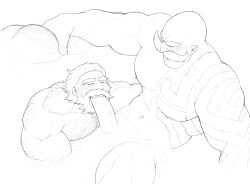 balls bara beard blowjob blush boner braum crossover erection facial_hair gay islate_(artist) league_of_legends male male_only monochrome moustache muscles muscular nude oral overwatch overwatch_2 penis reinhardt