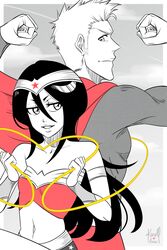 1boy 1girls bleach cosplay crossover crossover_cosplay dangerousbride dc female heart ichigo_kurosaki karoll_ann kuchiki_rukia male no_sex partially_colored rope superman_(cosplay) wonder_woman_(cosplay)