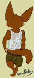 anthro ass backsack balls barefoot big_ears canine clothed clothing collaboration digitigrade disney fennec finnick fox hi_res lancer_buck_(colorist) male male_only mammal pants pants_down partially_clothed perineum rear_view shirt shorts signature sketch snowmutt solo sweat tank_top walking zootopia