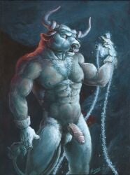 2018 anthro balls biceps body_hair bovid bovine cattle chest_hair cord deltoids european_mythology facial_piercing fingers foreskin genitals greek_mythology hairy half-erect happy_trail hi_res hooved_fingers hooves horn horn_jewelry jewelry male mammal manly minotaur muscular mythology navel neverwolf nipples nose_piercing nose_ring open_mouth penis piercing ring_piercing solo triceps vein veiny_muscles veiny_penis wristband