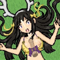 1girls antlers bikini_top breasts_out cum cum_on_face cygames deer_antlers deer_girl dragalia_lost female glasses kosmic91 long_hair lying_on_ground nintendo open_mouth paizuri paizuri_facial penis pixel_art purple_eyes surprised surprised_expression titjob xuan_zang_(dragalia_lost)