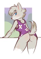 animal_crossing ass blush bottomless canine clothed clothing deathmetalglamour female flower from_behind_(disambiguation) leaning mammal nintendo pinup plant pose shirt simple_background solo tank_top video_games whitney_(animal_crossing) wolf