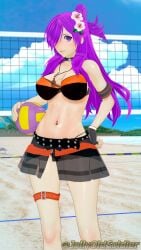 1girls 3d alternate_costume ass_visible_through_thighs ball bare_arms bare_legs bare_midriff beach beach_chair belt bikini bikini_bottom bikini_skirt black_bikini black_swimsuit breasts choker cleavage female female_only fingerless_gloves fire_emblem fire_emblem:_three_houses fire_emblem_heroes fire_emblem_warriors:_three_hopes flower gloves grin hair_flower hair_over_one_eye holding holding_object jollyoldsoldier large_breasts leg_belt legs long_hair looking_at_viewer midriff navel navel_piercing net nintendo ocean official_alternate_costume outdoors piercing purple_eyes purple_hair see-through shez_(female)_(fire_emblem) shez_(female)_(summer)_(fire_emblem) shez_(fire_emblem) smile solo standing swimsuit volleyball volleyball_net whistle whistle_around_neck