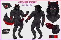 abs alexzandr_sokolov anthro arm_markings armpit_hair ass balls besky_(artist) biceps black black_hair black_tail body_hair canid canine canis digital_media_(artwork) digitigrade fur genitals gradient_penis hair long_hair looking_at_viewer male male_only mammal markings medial_ring model_sheet muscular muscular_male pecs penis red_ears red_eyes red_markings red_tail smile smirk snout solo tail wolf