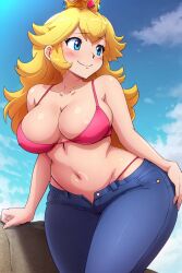 1girls ai_generated arms_at_sides big_breasts blue_jeans blush bra breasts busty child_bearing_hips cleavage crown curvy female female_only front_view hi_res highres jeans large_breasts legs looking_away mario_(series) midriff navel nintendo pants princess_peach seraphim_ai smile solo solo_female stable_diffusion thick_thighs thighs thong tight_jeans wide_hips